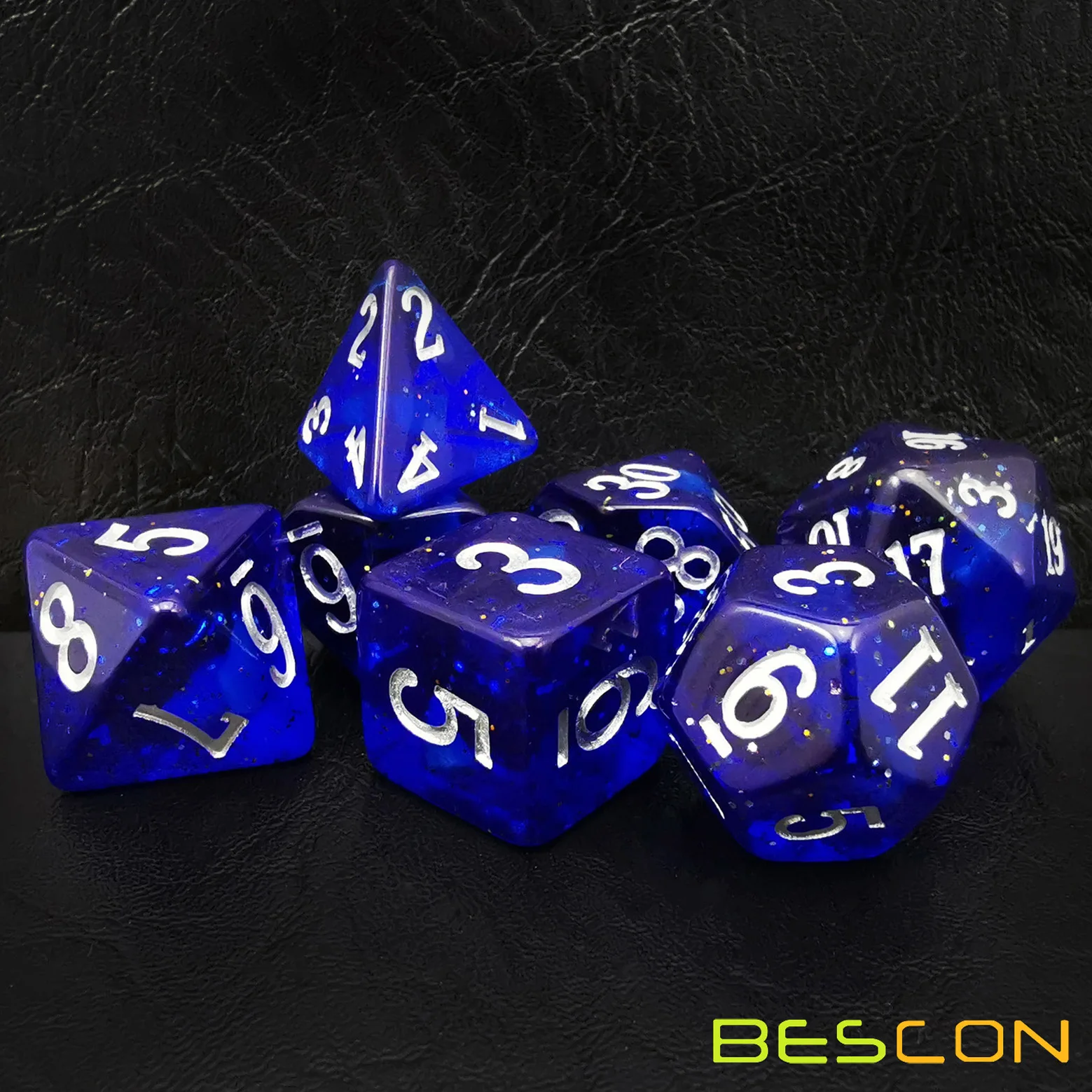 Bescon Super Glow in the Dark Glitter Polyhedral Dice Set DEEP SPACE, Luminous RPG Dice Set,Glowing Novelty DND Game Dice