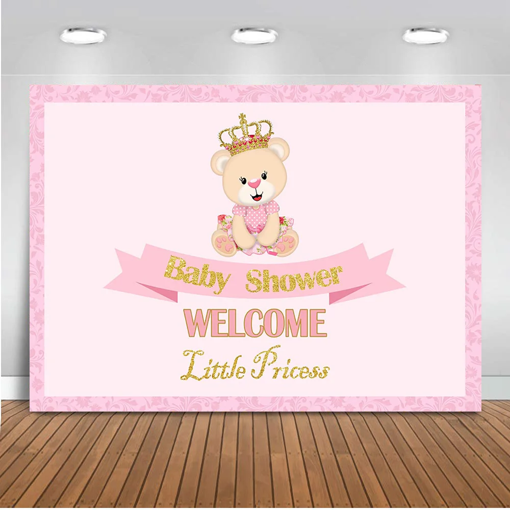 Sweet BearThemed Baby Shower Backdrop for Photography Newborn Children Girls Birthday Party Background Pink  Little Princess