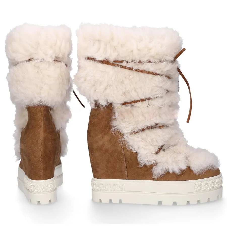 

Designer Wool Fur Snow Boots Camel Suede Bandage Inner Wedge Increasing Thick Sole Mid-Calf Boots Winter Warm Fur Booties