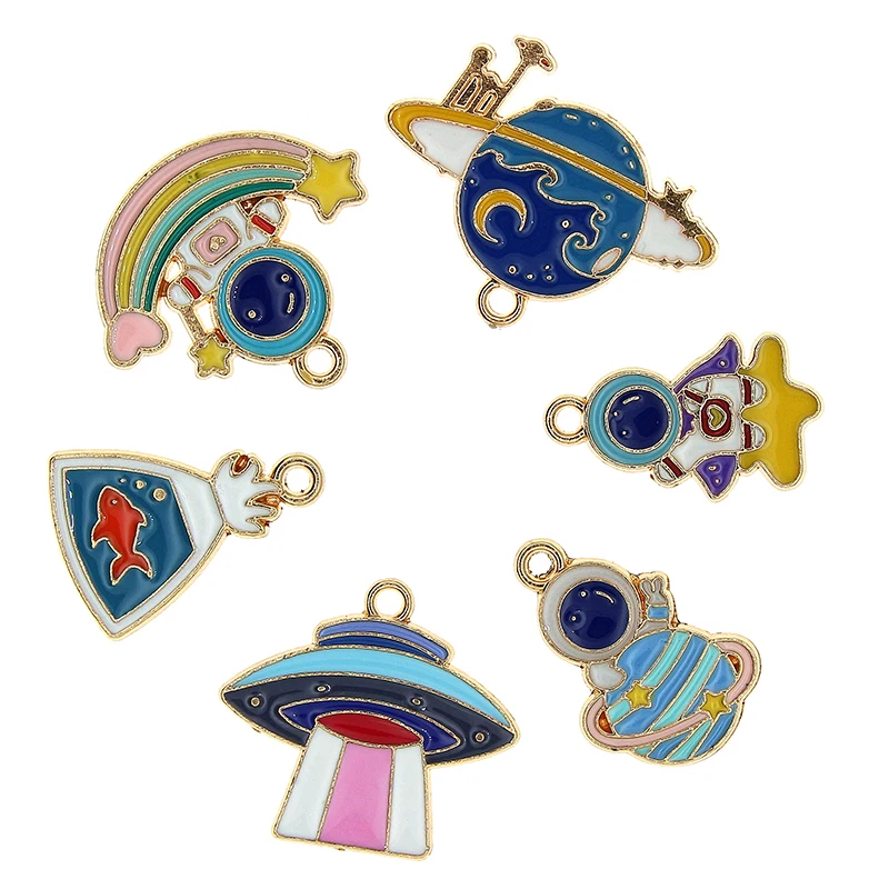 10pcst Mini Universe Enamel Astronaut Spaceship Planet Charms for Jewelry Making Pendant Fit Necklaces Earrings DIY Crafts Gifts