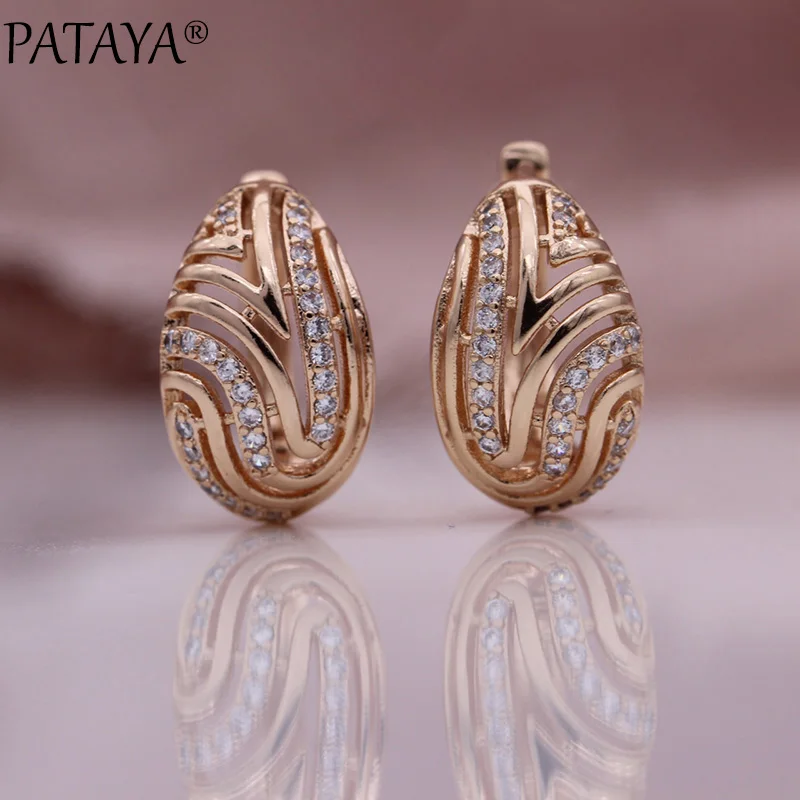 PATAYA New Hollow Drop Earrings Ring Sets 585 Rose Gold Color Natural Zircon Fashion Jewelry Set Women Wedding Luxury Fine Noble