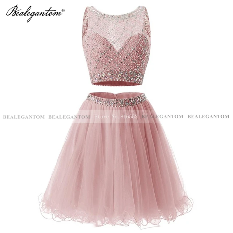 Bealegantom Twee Stukken Korte Cocktail Jurken 2021 Mini Kristallen Kralen Tulle Formele Prom Graduation Homecoming Party Gown CD108