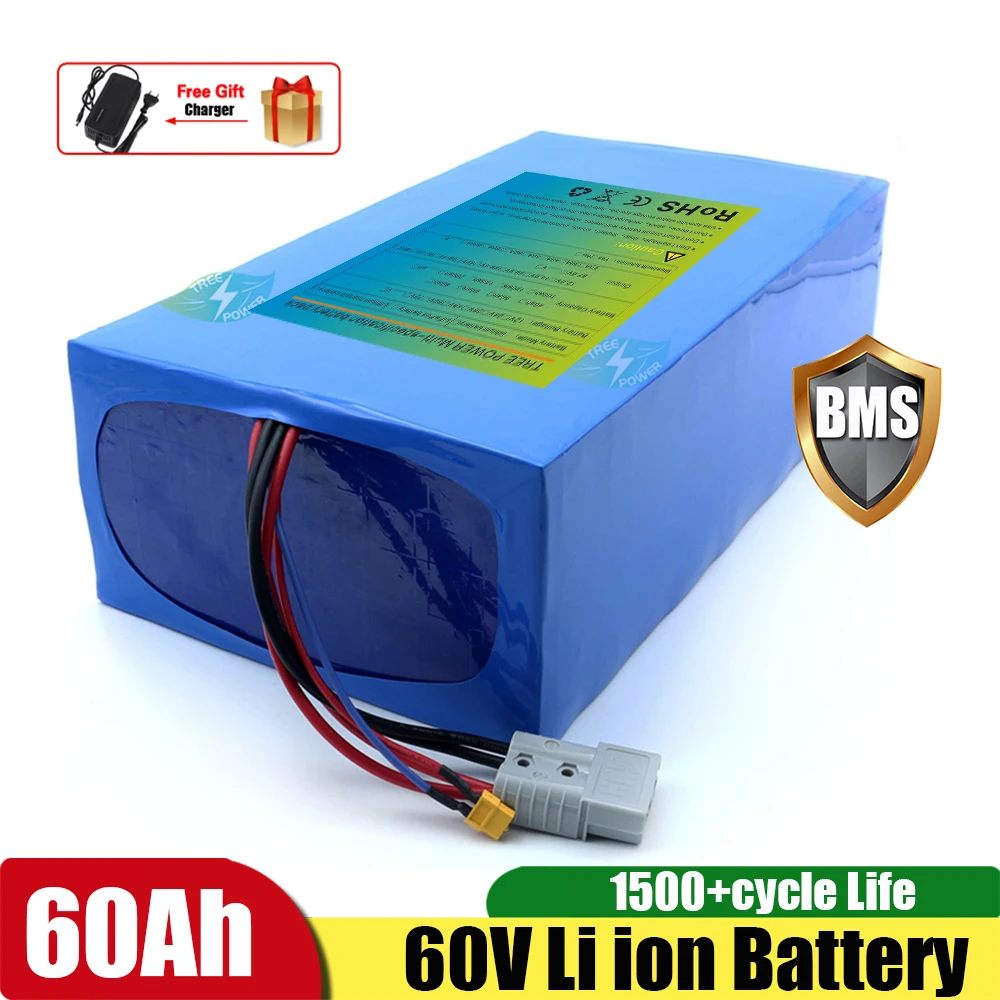 

TPO 16S 60V 60Ah Lithium Ion Battery With BMS bluetooth for 2500W 3000W Electric Tricycle Scooter Motorcycle +10A Charger