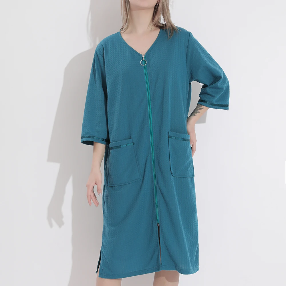 3XL Women Loose Bathrobe Gown Zipper Pocket Nightwear Summer Thin Robe Gown Sleepwear Sex Casual Nightgown Pajamas Robe