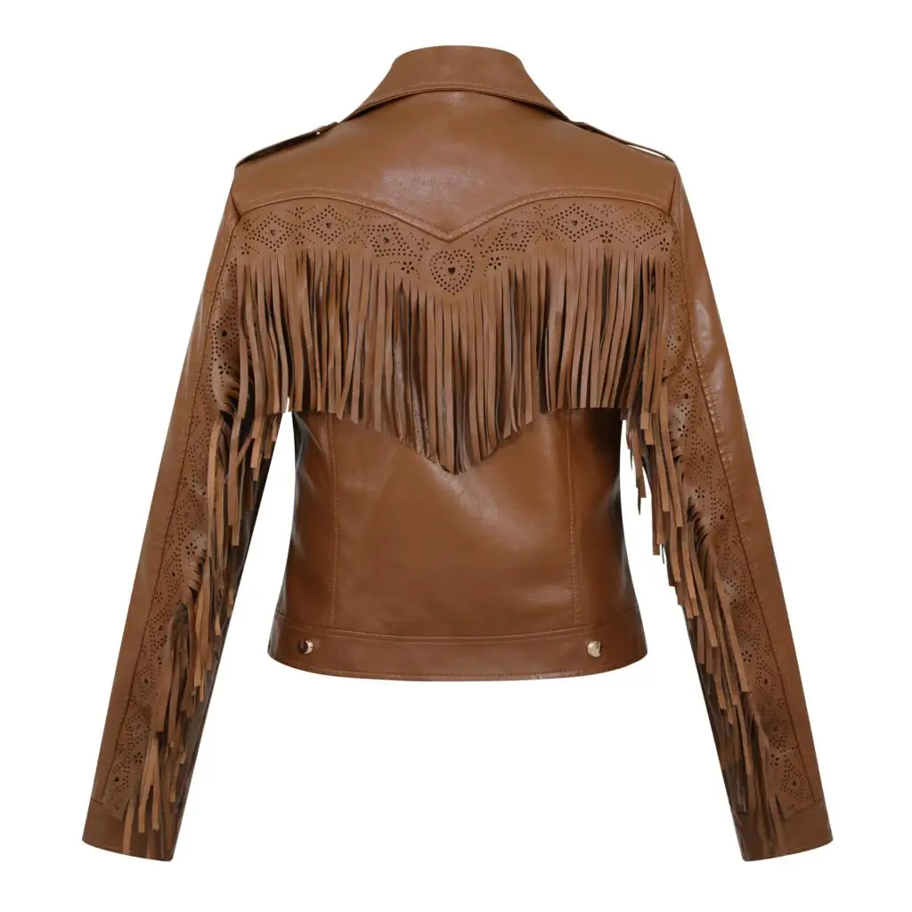 Vrouwen Nieuwe Lange Mouwen Back Brown Kwasten Lange Lederen Kwasten Jas De Misfit Fringe Brand Slim Vriendje Stijl Pu Jas jas