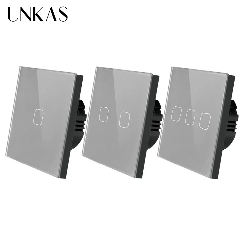 

UNKAS EU/UK standard 1/2/3 Gang 1 Way Touch Switch Gray Crystal Glass Panel Touch Switch Light Wall Only Touch Function Switch