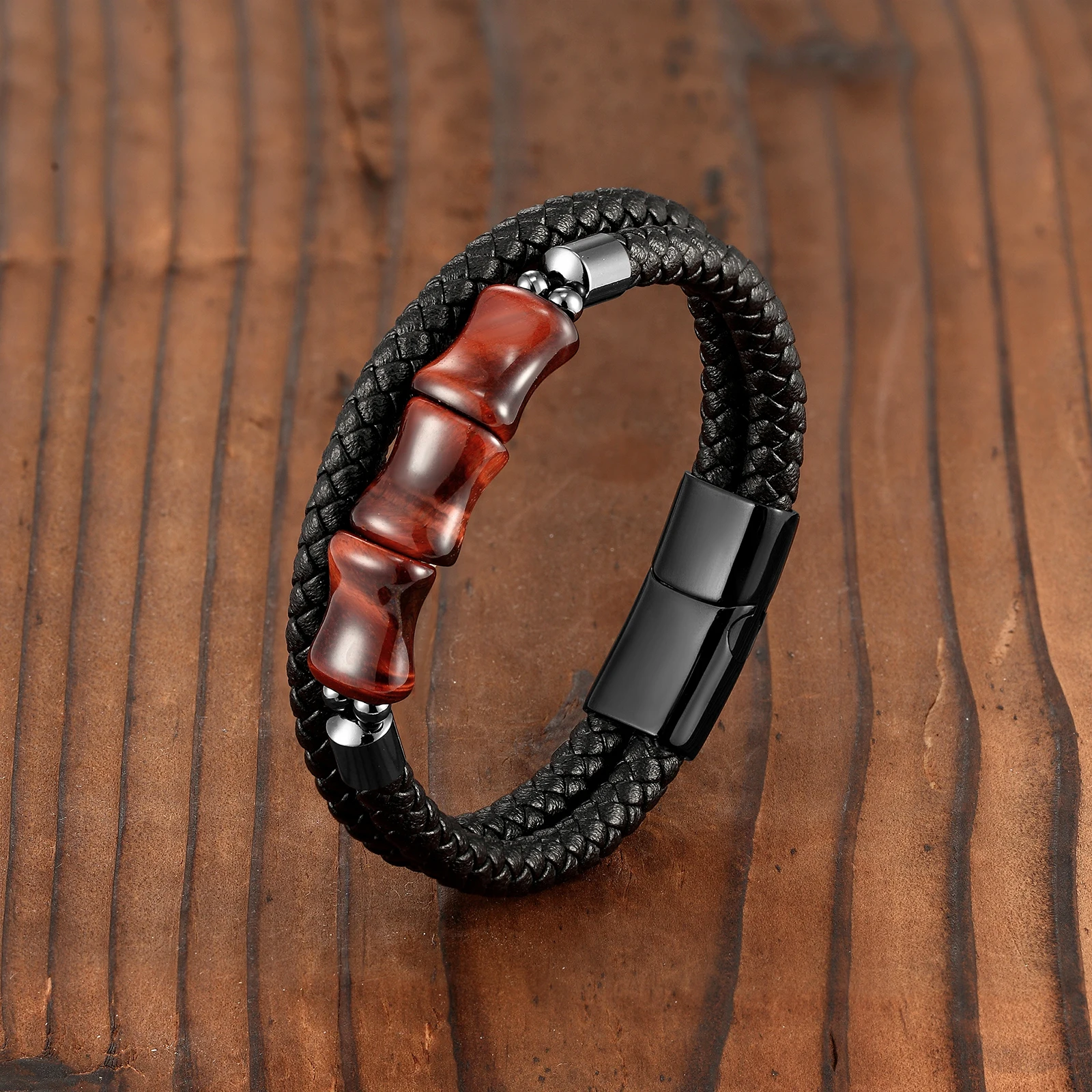 Energy Bracelet Bamboo Section Natural Tiger Eye Stone Dongling Jade Leather Rope Two Layer Bracelet Stainless Steel Br