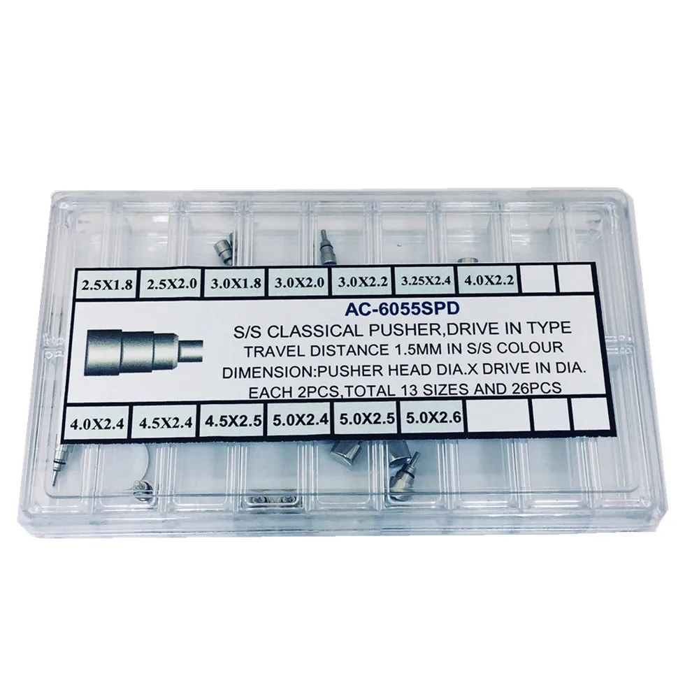 Imagem -02 - Box Prata Clássico Unidade no Relógio Empurrador Botão Coroa Conjunto de Peças Reparo Substituição para Relojoeiros Aço Inoxidável 26 Pcs