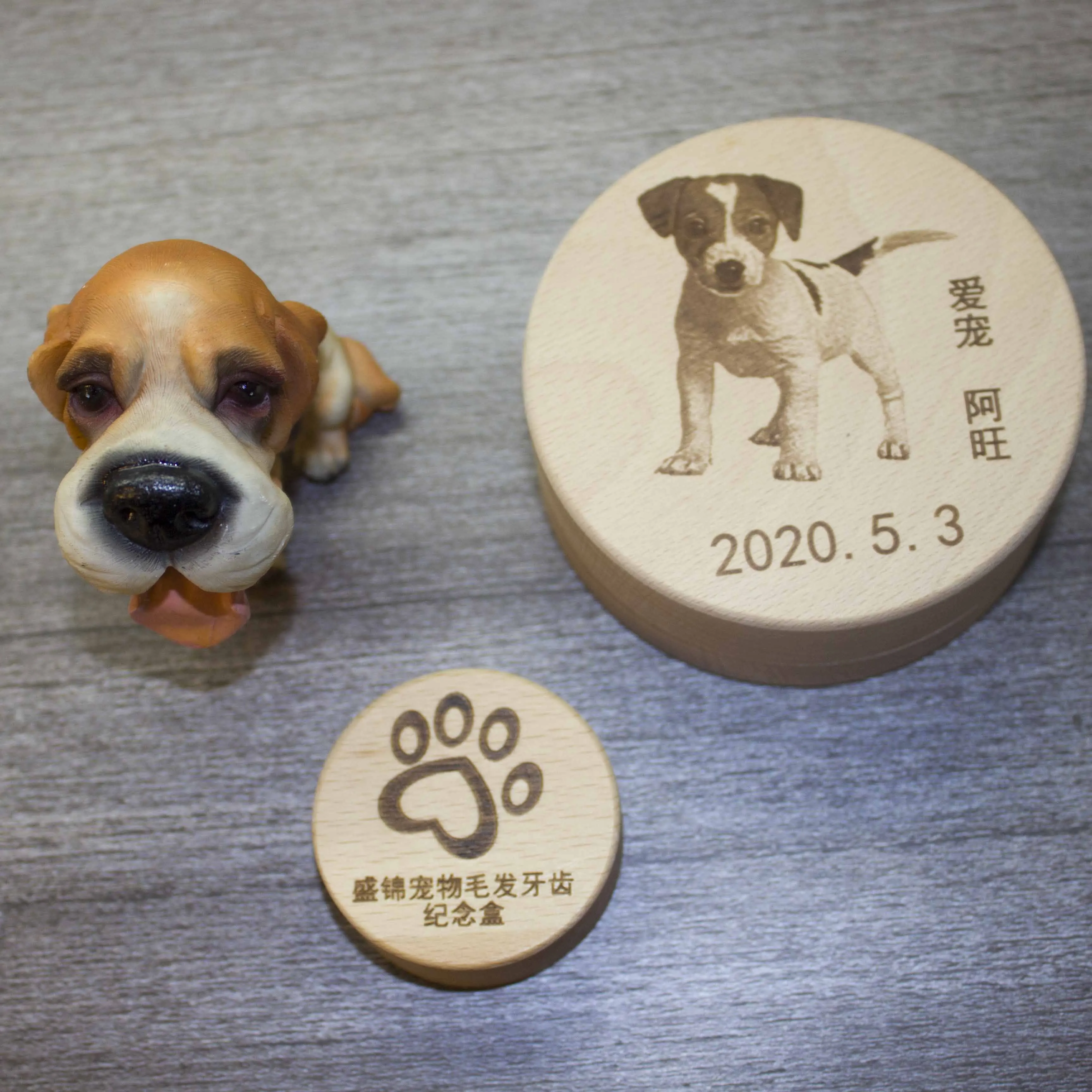 customized engraving pet photo wood box for keeping dog and cat hair and tooth memorial