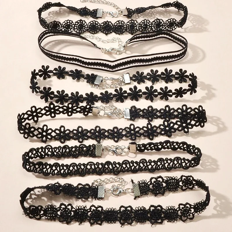 Classic Gothic Tattoo Lace Choker Necklace Set, 7pcs