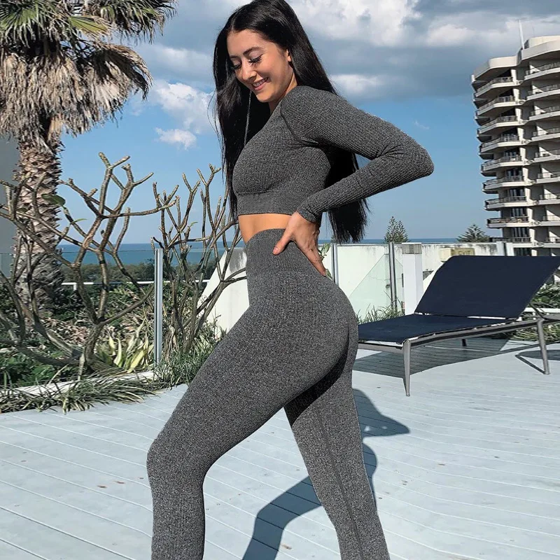 Knit Casual Sportswear Sets Women Two Piece Gym Fitness Wear Female Cozy Breathable Skinny Workout Sport Suit Tracksuit Summer