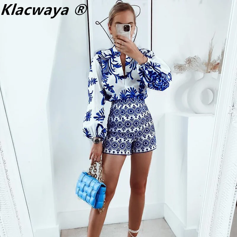 Klacwaya mulheres 2021 azul bordado cintura alta shorts moda lady boho estilo shorts vintage zíper lateral chique calças femininas