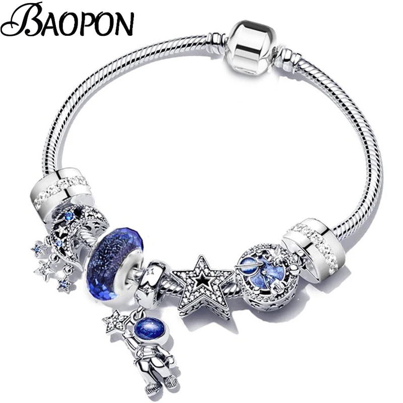 BAOPON 2023 New Silver Color Charm Bracelets With Blue Star Moon Beads Pendant For Women Space Series Jewelry Gift Dropshipping