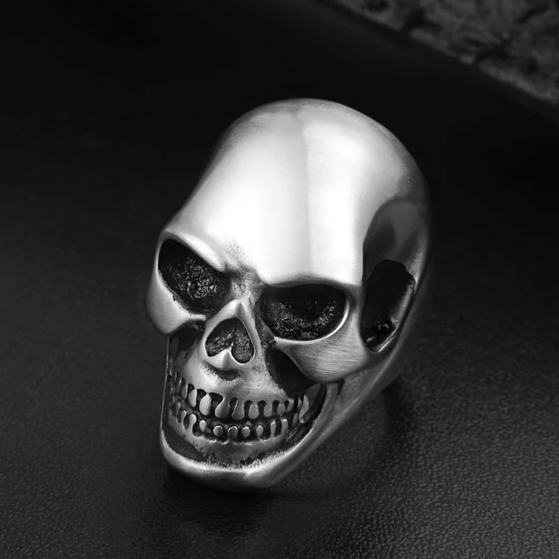 Valily Vintage Men\'s Stainless Steel Skull Rings Silver-Color Gothic Biker Jewelry Big Motorcycle for Man