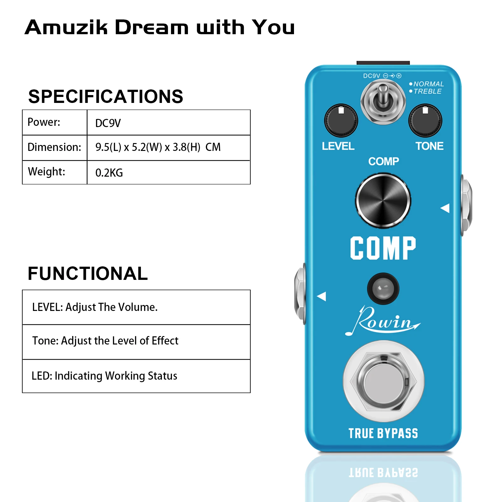 Rowin Guitar Compressor Pedal Digital Comp Effect Pedals For Electric Guitar Classic Studio Grade Compressors