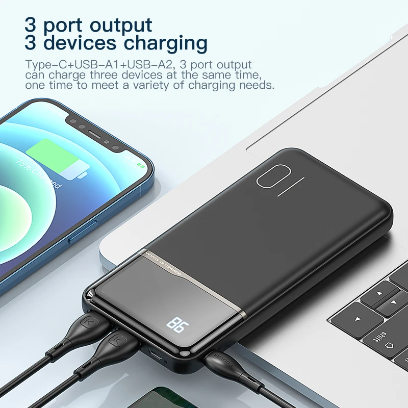 KUULAA-Banco Portátil de Carregamento, Carregador de Bateria Externo para iPhone 15, 14, Xiaomi, 10000 mAh, USB