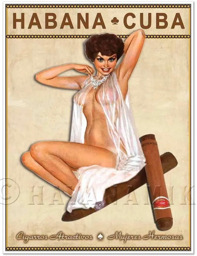 Cuban Cigar Art Print - Vintage Style Pinup Girl in Lingerie Art Print Poster - Measures 24