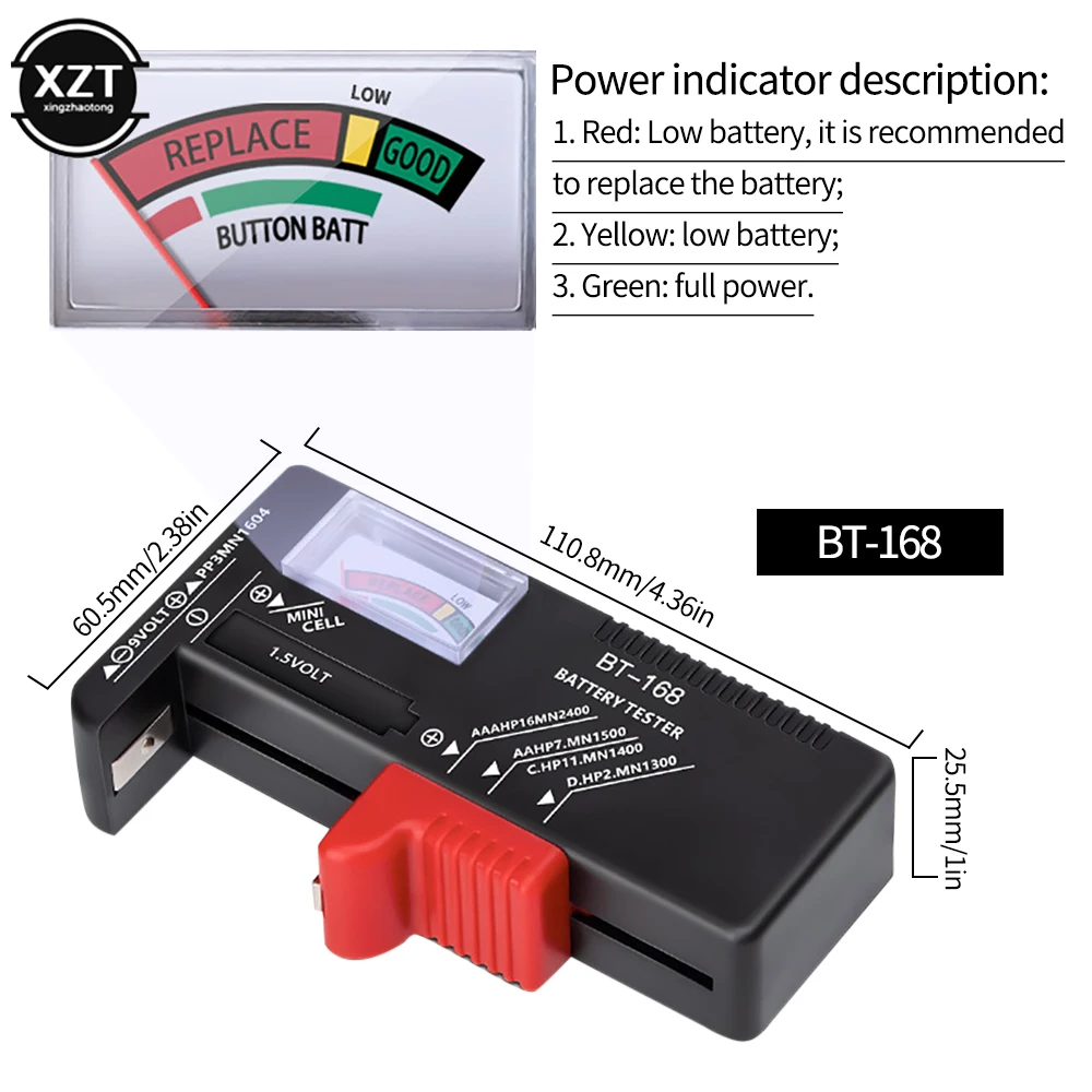 BT-168 Power AA/AAA/C/D/9V/1.5V Batteries Universal Button Cell Battery Colour Coded Meter Indicate Volt Tester Checker