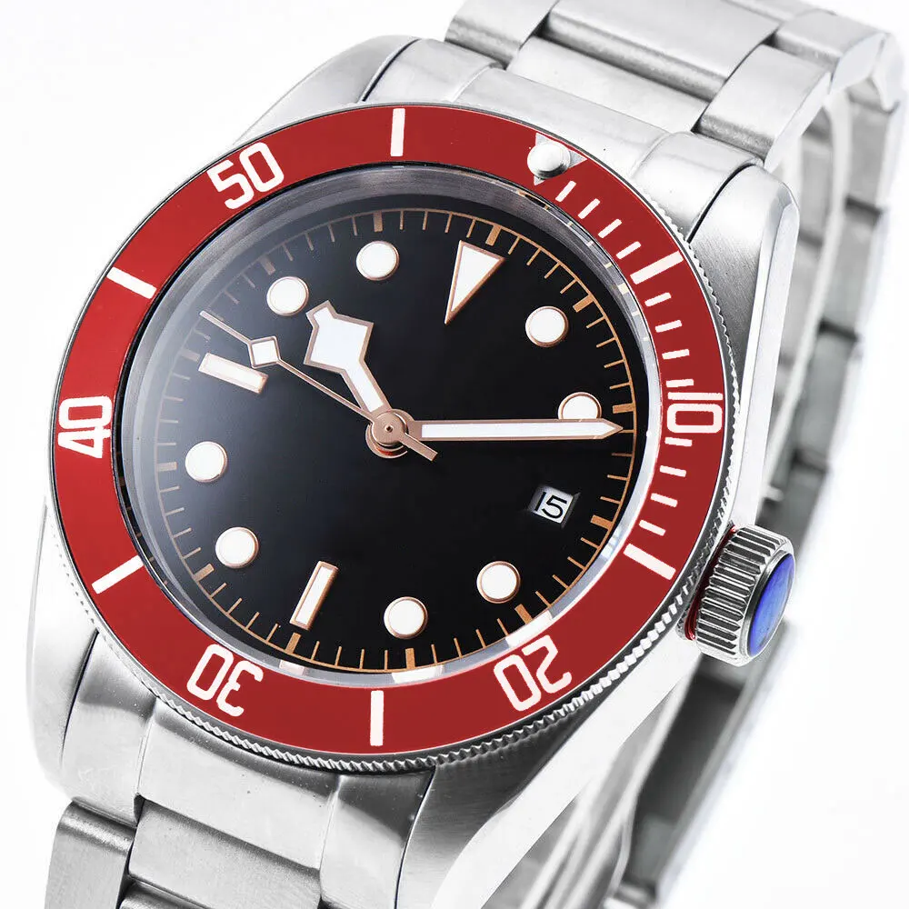 No Logo 41mm NH35 Mens WristWatches Red Bezel Miyota8215 Automatic Movement 316L SS Case Bands Sapphire Swim Waterproof Luminous