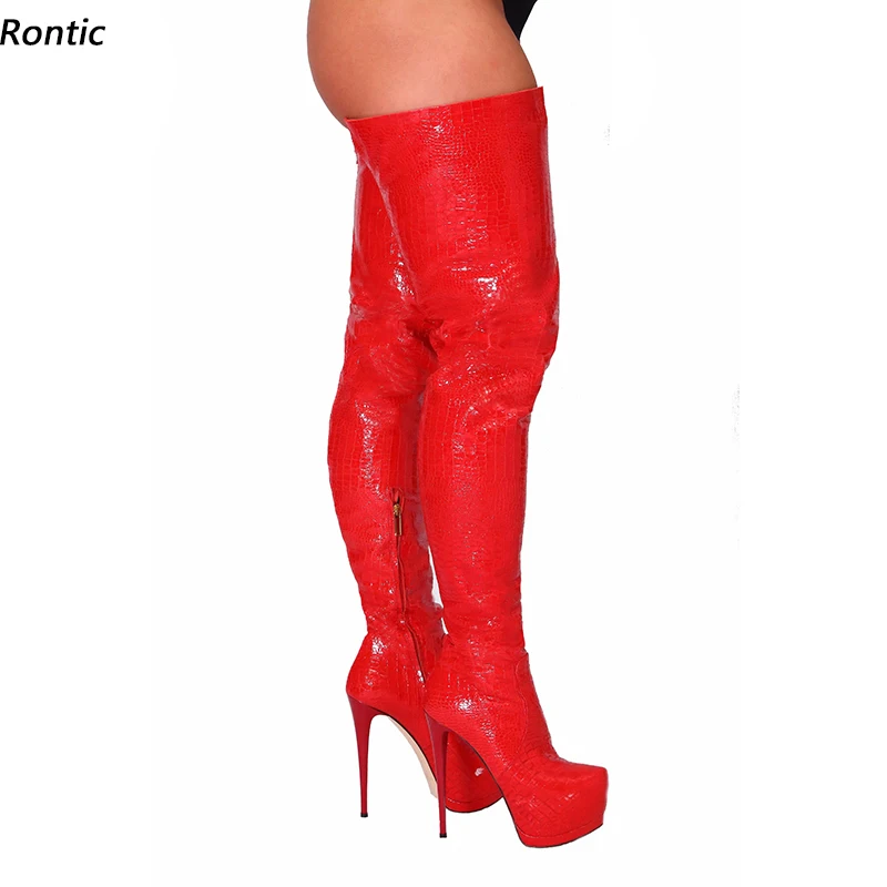 

Rontic Women Winter Platform Thigh Boots Pattern Italian Style Stiletto Heel Round Toe Gorgeous Red Club Shoes US Size 5-20