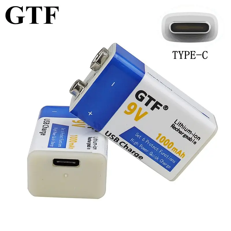 

GTF 9V 1000mAh Type-C Li-ion Rechargeable Battery USB lithium battery for Microphone Toy Remote Control drop shipping