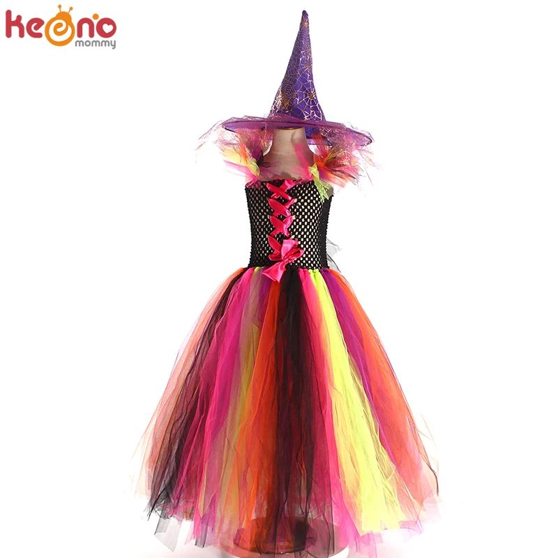 Rainbow Wicked Witch Girls Tutu Dress Kids Evil Halloween Costume Children Carnival Cosplay Party Fancy Pageant Ball Gown Outfit