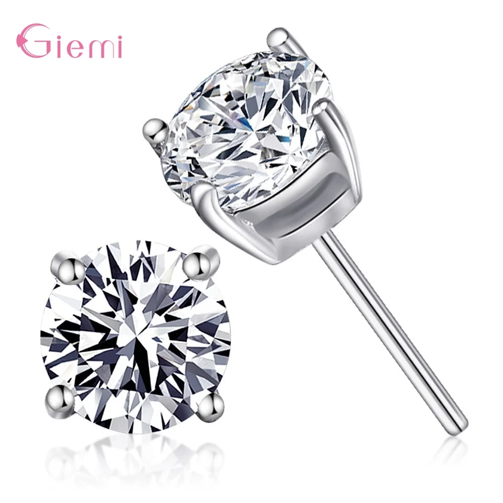 925 Sterling Silver 4 Claw Round AAA CZ Stud Earrings For Women Girls Men Jewelry Simple Fine Jewelry Earring 4-8mm