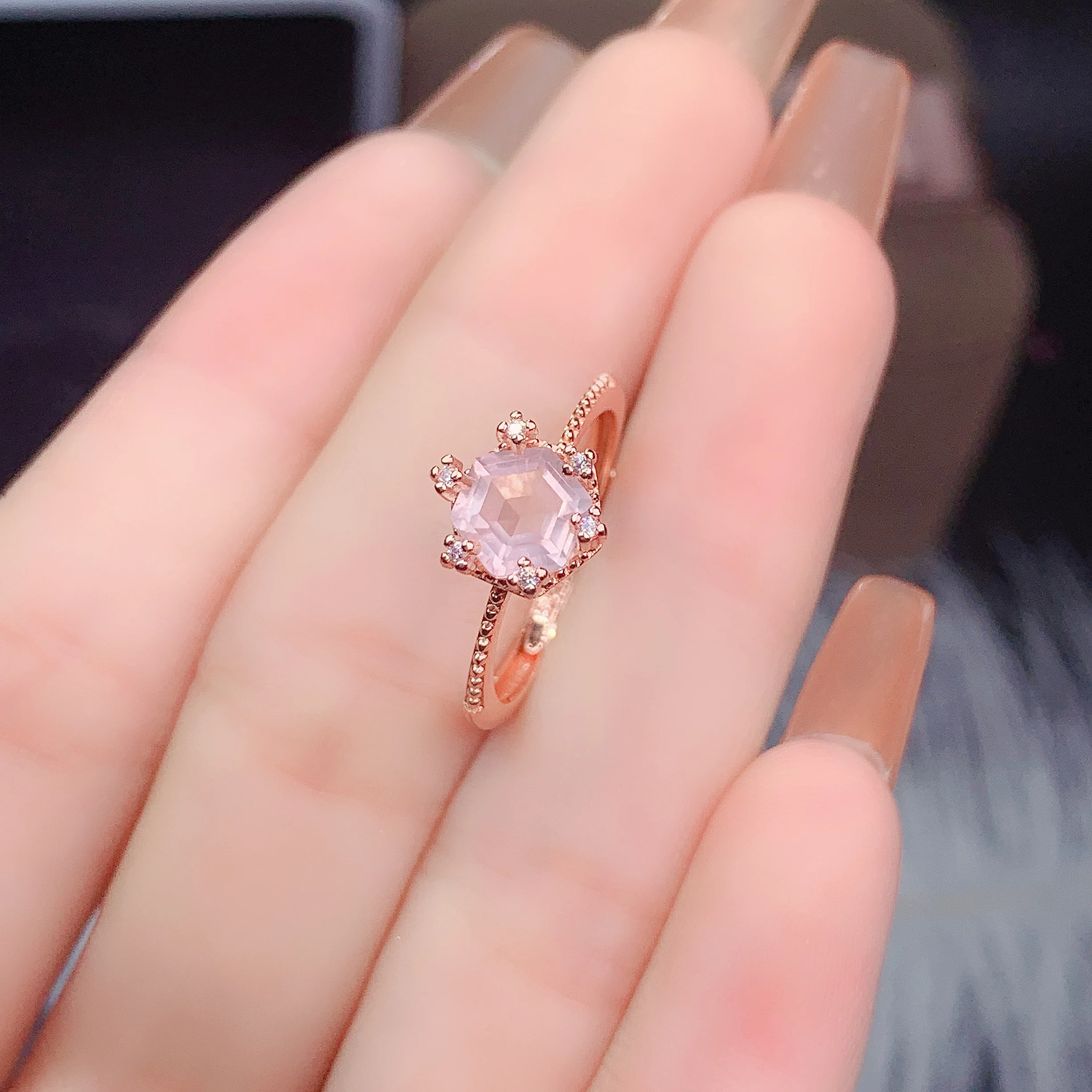 High Quality Hot Selling Hexagon Cut Natural Rose Quartz Ring 925 Sterling Silver Resizable Engagement Wedding Rings For Gift