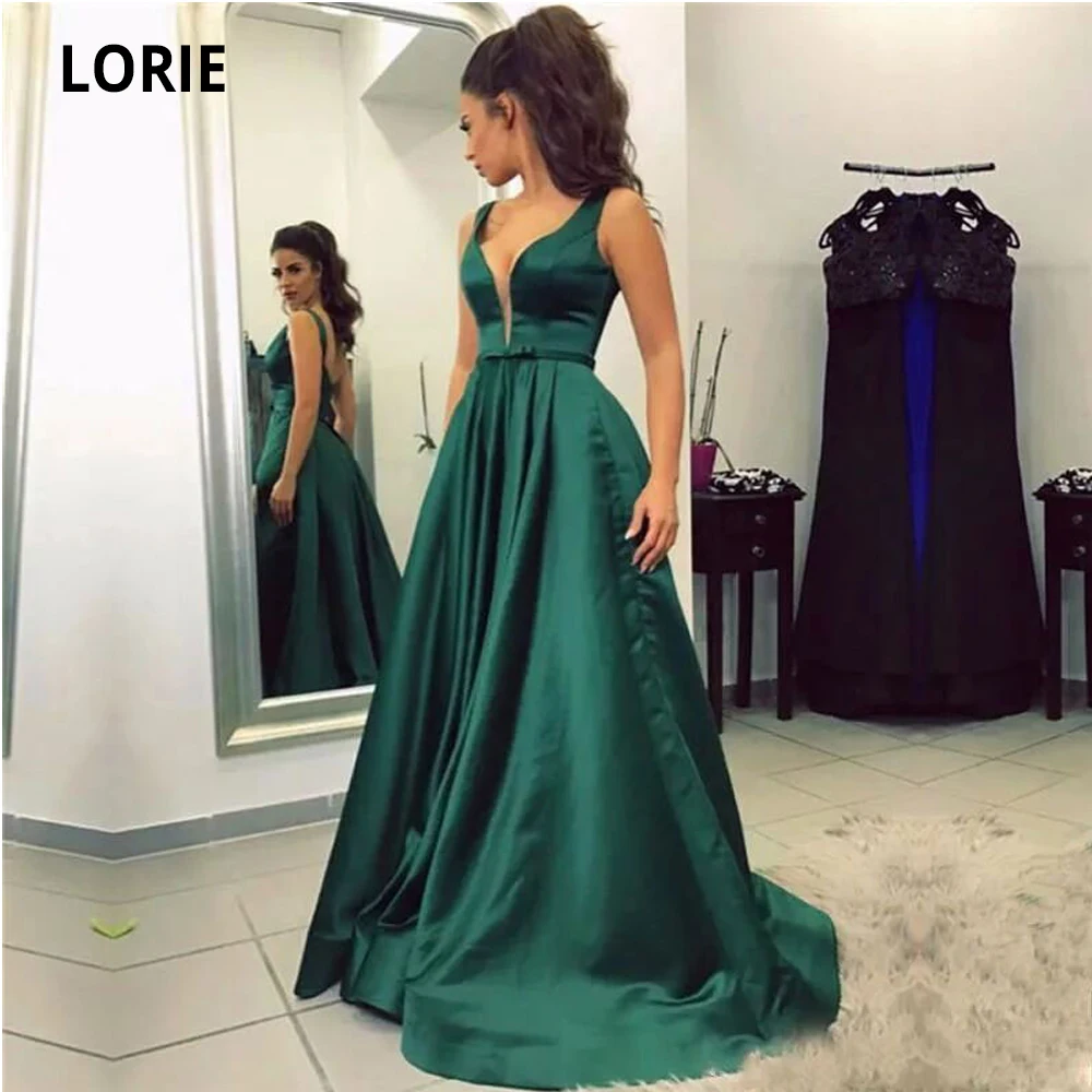 LORIE V-neck Prom Dresses Satin Party Maxys Long Prom Gown Evening Dresses 2020 Sleeveless Open Back Robe De Soiree Plus Size