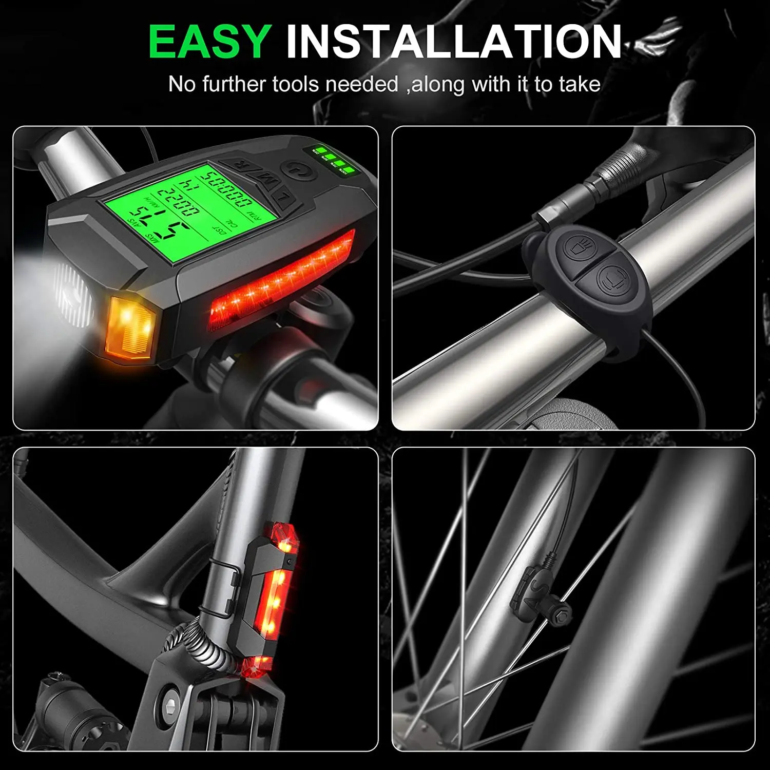 Bike Light Set USB Rechargeable Super Bright Front Headlight 5 Modes with Speedometer Calorie Counter and Rear LED Bicycle Light