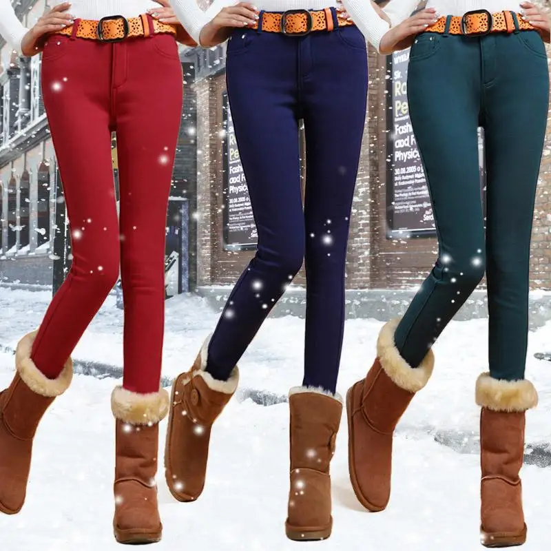 

Fleece Thicken High Waist Women's Pencil Pants Elastic Slim Candy Color Skinny Clothes Winter Trousers For Women