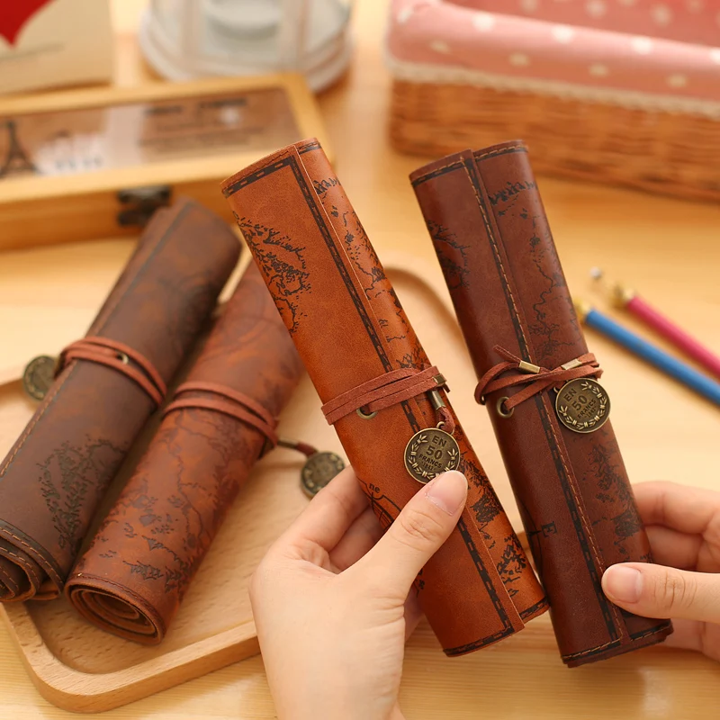 Fashion Vintage PU Leather Pirate Treasure Map Roll Up Pencil Cases Stationery Pen Pouch Woman Cosmetics Storage Bag Pencilcase