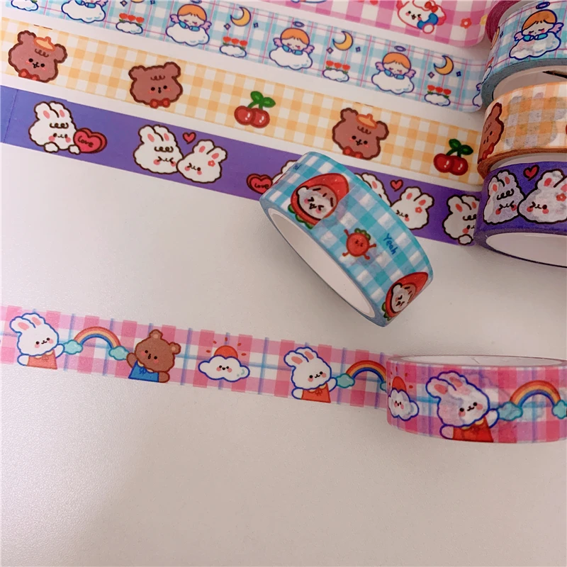 Desenhos animados Washi Tapes com urso bonito e grade coelho, decoração coreana, fita adesiva, DIY Scrapbooking, álbum de jornal, papelaria