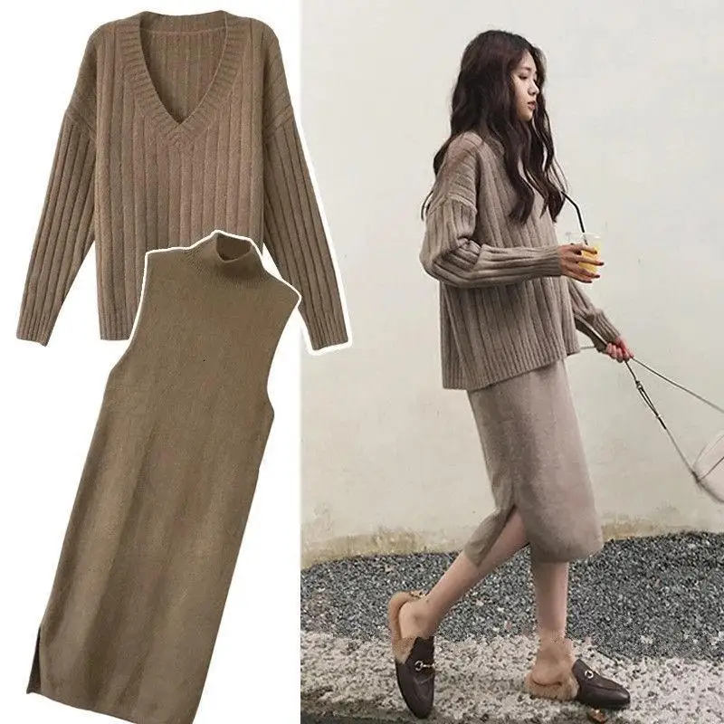 

4XL Winter Women Set Long Sleeve V Neck Pullover And Sleeveless Long Split Sweater Dress Solid Warm Knitted Skirt Set