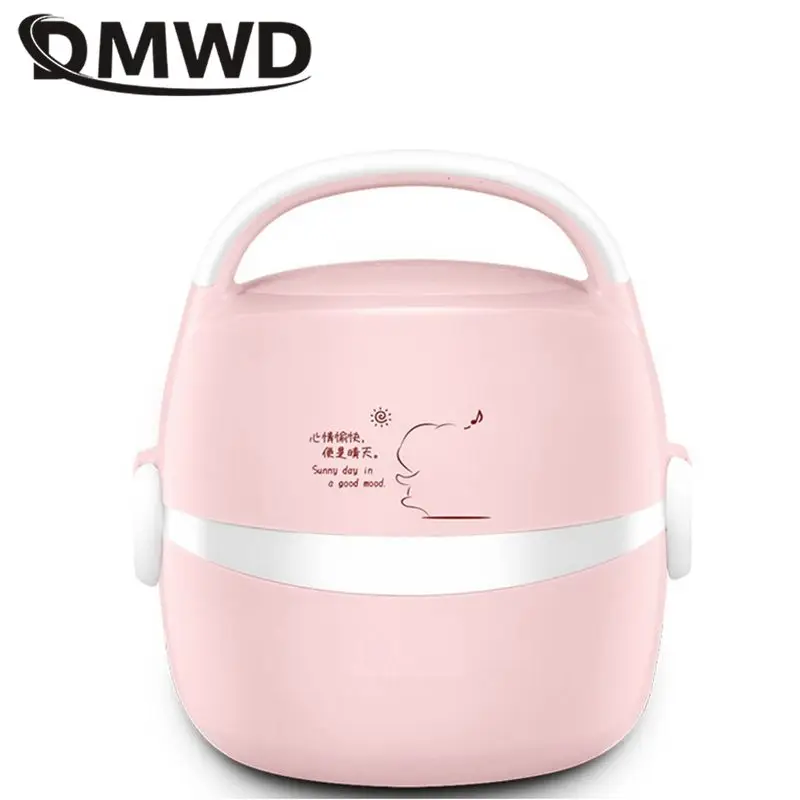 DMWD 1.3L Portable Rice Cooker Electric Lunch Box Food Heater Steamer Thermostat Warmer Container Office 2 Layer Stainless Steel