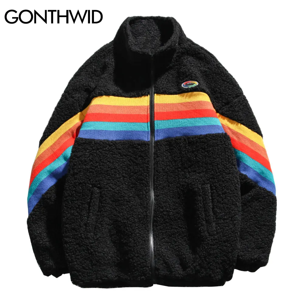 

GONTHWID Fleece Parka Jackets Rainbow Color Block Patchwork Zipper Cotton Padded Coats Winter Thick Warm Hip Hop Harajuku Tops