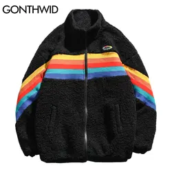 GONTHWID Fleece Parka Jackets Rainbow Color Block Patchwork Zipper Cotton Padded Coats Winter Thick Warm Hip Hop Harajuku Tops