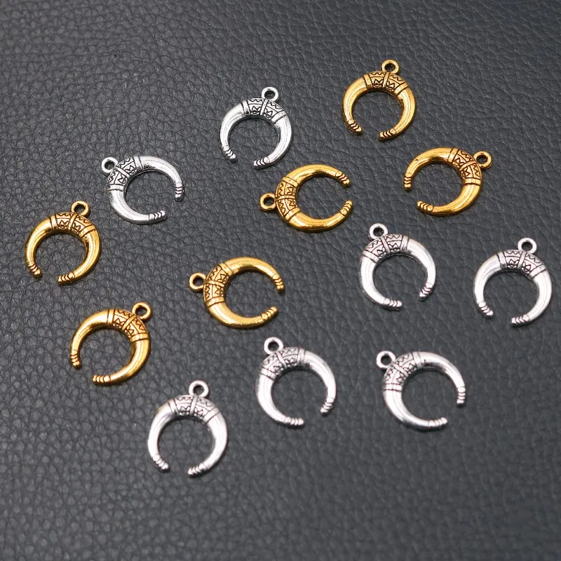 30pcs Mini Horns Crescent Moon Pendants Retro Earrings Bracelet Metal Accessories DIY Charms For Jewelry Crafts Making 19*15mm