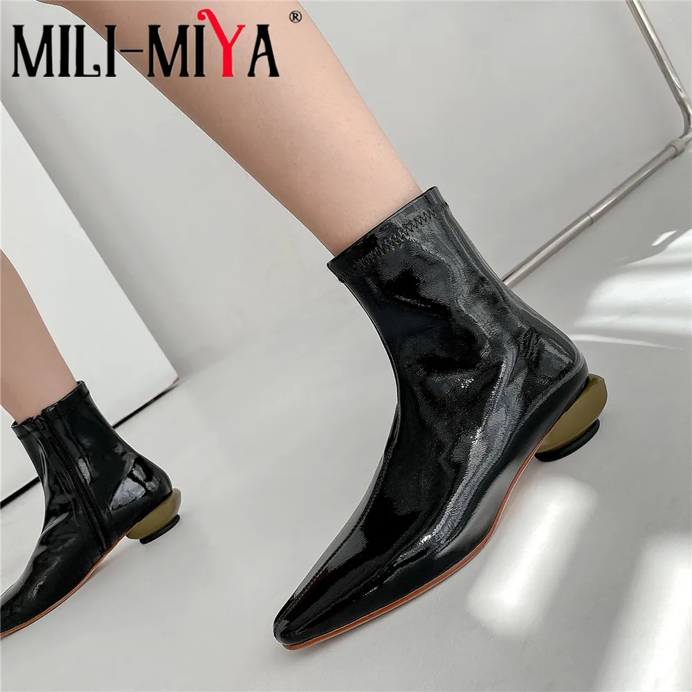 MILI-MIYA moda damskie ze skóry lakierowanej botki Sexy Pointed Toe dziwne obcasy zamek jednokolorowe buty motocyklowe rozmiar 34-40