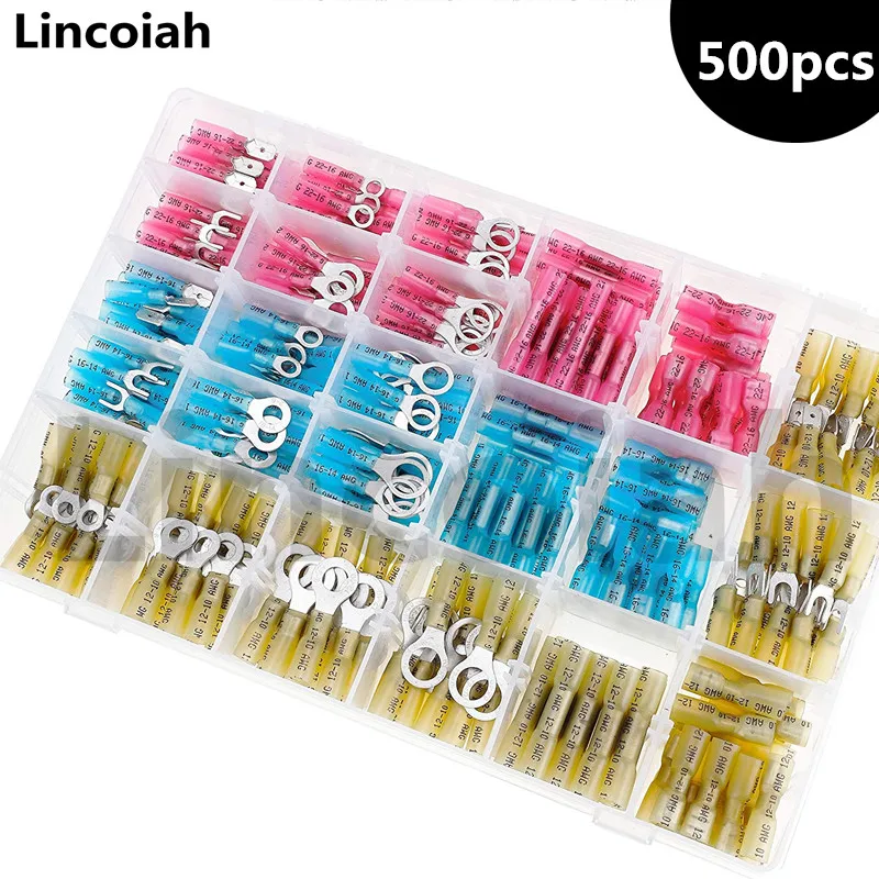 500/250/120/20pcs Heat Shrink Wire Connectors Waterproof Electrical Terminals Kit Crimp Cable Ring Fork Hook Spade Butt Splices