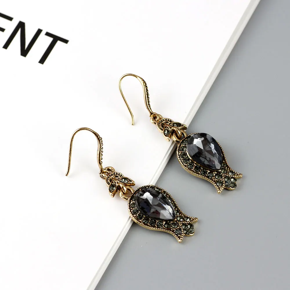 Sunspicems 2020 Gray Big Crystal Drop Earring Ring For Women Antique Gold Color Turkish Vintage Wedding Jewelry Sets Bridal Gift