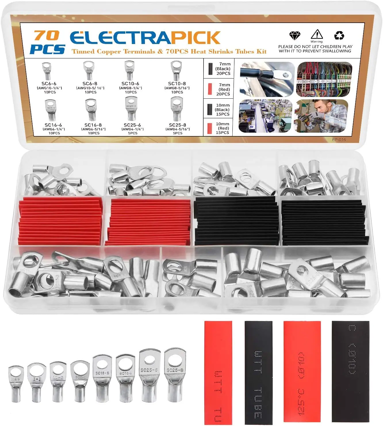 Electrapick 140pcs Bolt Hole Tinned Copper Terminals Wire Connector Cable Lugs Ring SC Terminals Set Marine Cold-Pressed Crimp