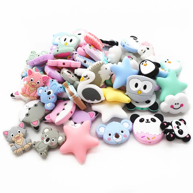 Chenkai 10PCS Silicone Bear Bird Cat Star Duck Fox Beads Baby Shower Teething Infant Round DIY Pacifier Chain Necklace Making