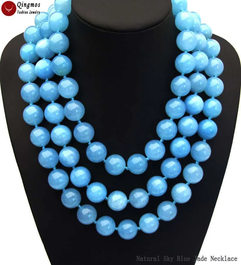 

Qingmos 18mm Round Natural Sky Blue Jade Necklace for Women with Luster Necklace Stone Jewelry Chokers 3 Strands 18-23" nec6597