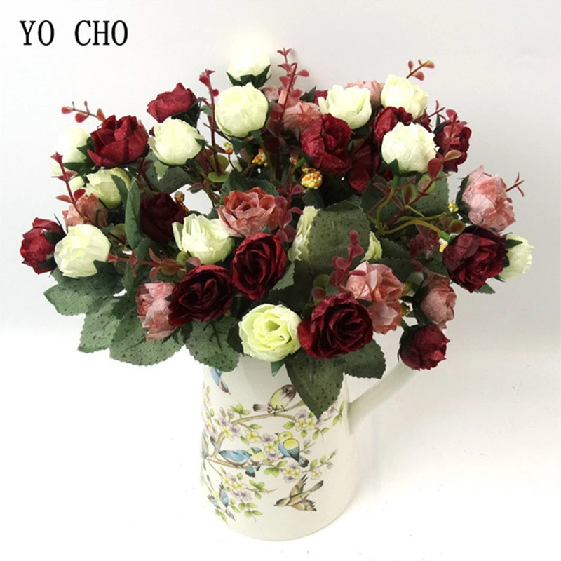 YO CHO-ramo de flores artificiales de seda, 21 cabezas, Retro, para decoración de bodas y fiestas en casa