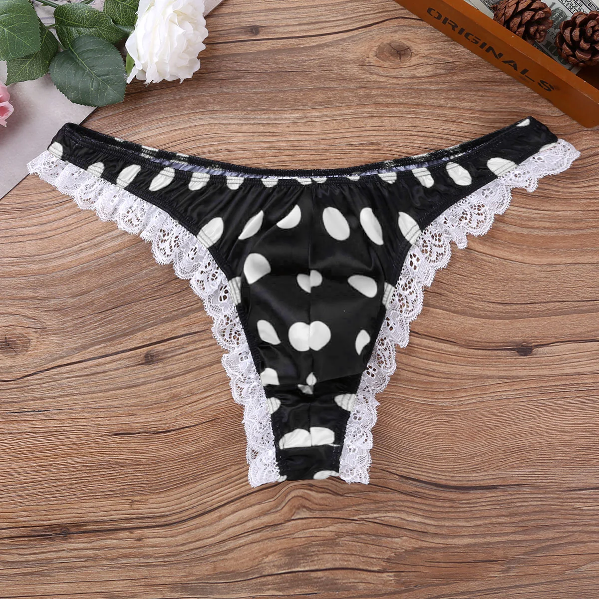 New Arrival Male Mens Lingerie Shiny Low Rise High Cut Ruffle Lace Polka Dots Bikini G-string Thong Underwear Triangle Panties