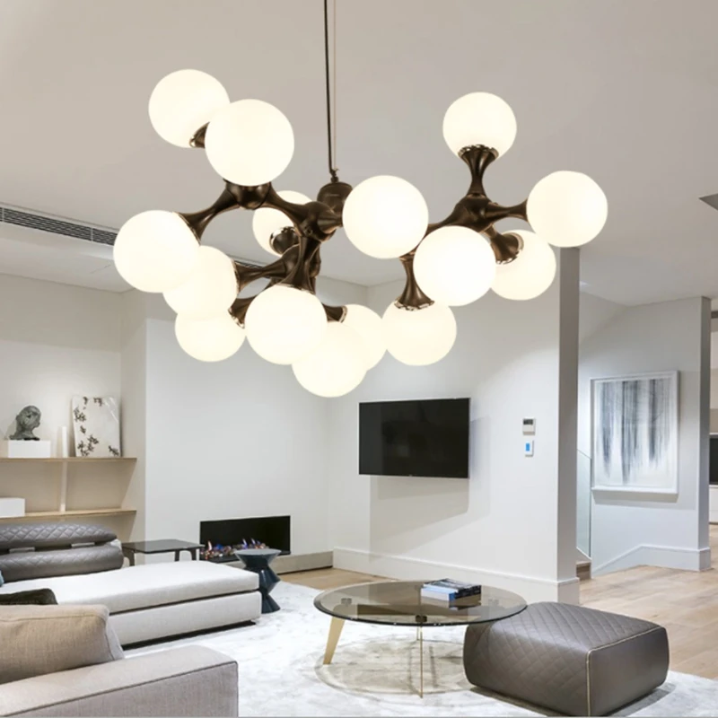 Modern Molecular chandelier DNA art designer for living room Milky White black silver lamp bedroom room Ball glass chandelier