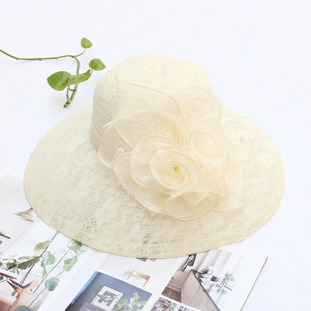 FS Summer Beige Lace Fascinator Hats Wide Brim Party Church Hat For Women Elegant Wedding Fedora Ladies Kentucky Derby Cap 2024