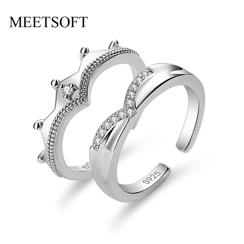 MEETSOFT Trendy 925 Sterling Silver Double Layer Crown Zircon Removable Opening Ring for Women Lovely Fine Jewelry Drop Shipping