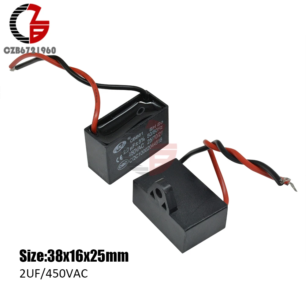 CBB61 Starting Capacitance AC Fan Capacitor 2 Wires 2UF 450V AC Terminal Ceiling Fan Motor Running Rectangle Capacitor